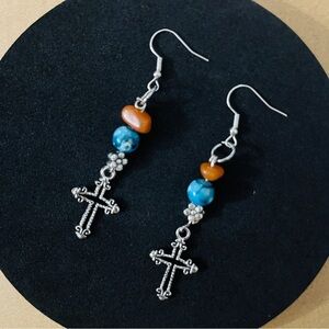 Hand Crafted Silver Cross Earrings with lapis Lazuli and Carnelian Gemstone Chip